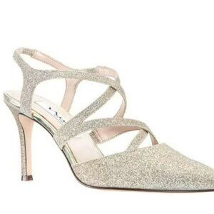 $79 Nina Cianna 7.5 Platino Gold Glitter Strap Metallic Sparkle Heels NIB